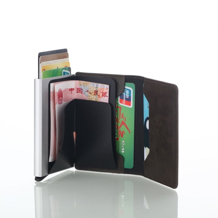 กระเป๋าใส่นามบัตรหนังแบบวินเทจสำหรับผู้ชายใหม่-กระเป๋าใส่บัตรเครดิตอลูมิเนียมของผู้ชายบัตรทำจากโลหะอัตโนมัติแบบวินเทจ