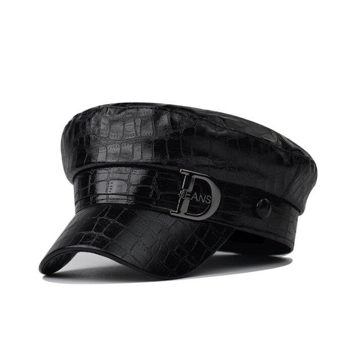 nightclub-ladies-hats-high-quality-black-pu-leather-military-cap-performance-night-bar-shade-captain-cap-women-sailor-hat