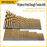 99 Pcs Titanium Plated Fried Dough Twists Drill Straight Shank High Speed Steel Fried Dough Drill Metal Woodworking Tapper