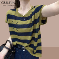 OULINNA เสื้อถักสำหรับผู้หญิง,เสื้อถักแขนสั้นลายทางน้ำแข็งขนาดใหญ่2023ฤดูร้อน