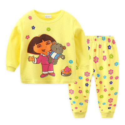 [ในสต็อก] Dora The Explorer 2ชิ้นเด็กแขนยาวชุดนอนชุดนอนผ้าฝ้าย100% ฤดูใบไม้ผลิฤดูใบไม้ร่วงเสื้อยืด + กางเกงขาสั้นสาว2-7Y เด็ก