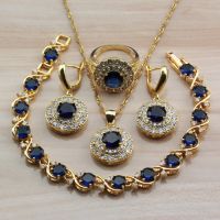 Amazing Round Blue Cubic Zirconia Yellow Gold Color Jewelry Sets For Women Africa Choker Necklace Bracelet Ring Sets