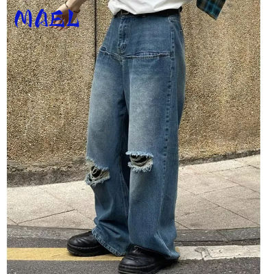 MAEL กางเกงยีนส์ผู้ชายสีน้ำเงินญี่ปุ่นย้อนยุคเอวสูงสลิมหลวมตรงฉีกถูพื้นในกางเกงผู้ชาย