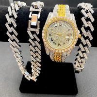 ►☎  3pcs Luxury Iced Out for Men Hip Hop Cuban Chain Big Gold Necklace Watches Jewelry Set Relojes