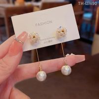 ? เครื่องประดับ S925 silver needle Korea joker super fairy pearl flower earrings female temperament long tassels personality stud earrings