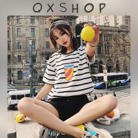 QXshop เสื้อแขนสั้นสีชมพู ? ดีเทลลายทางสีขาว สายหวานห้ามพลาด น่รักมากจริงๆ แต่งด้วยแก้วน้ำชมพูสลับเหลือง ?