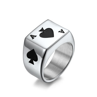 เครื่องประดับสไตล์แฟชั่น A Of Spades แหวนเหล็กไททาเนียมแหวนไพ่นำโชคสำหรับผู้ชาย