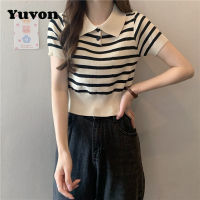 Yuvon Korean style classic striped lapel top summer design sense loose thin versatile short-sleeved knit blouse for women