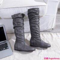 Extra Size 35-43 ※ Large Leather Boots Flat Solid Color Folded High-Top Temperament All-Match Fashionable Office Workers Students