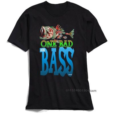 Men T Shirt One Bad Ass Bass Tshirt Guys Hip Hop T-Shirt Round Collar All Cotton Tops Fish Tees Letter Print Clothing New