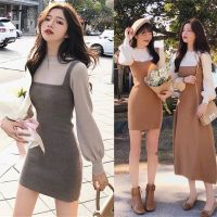 ✕✵❅ Korea Fashion Women High Neck Fake two piece knitted long sleeve dress puff sleeve midi dress