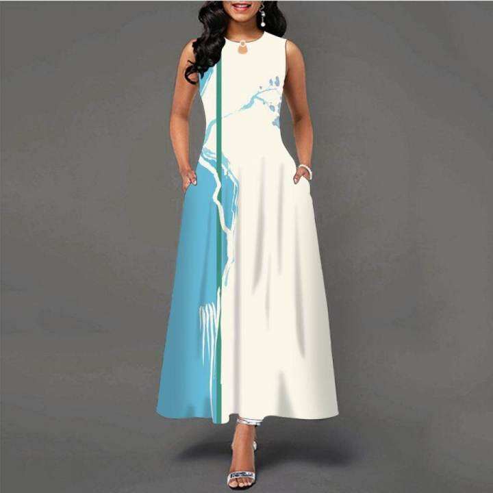 ฤดูร้อนลำลองแขนกุดพิมพ์-fish-beach-รูปแบบ-maxi-dress-a-line-boho-pocket-vintage-หลวม-plus-size-dresses