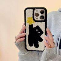 【LZ】 Korea Winter Black Cartoon Plush Phone Case for iPhone 14 13 12 11 Pro Max XR Warm Cloth Fabric Fur Shockproof Soft Tpu Cover