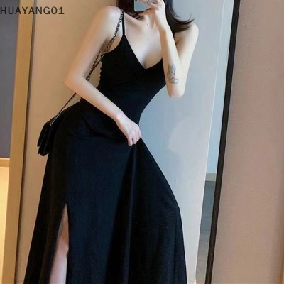 HUAYANG01 [2023 new HOT FASHION] lazlook ชุดสตรีแขนกุดยอดนิยม3XL Solid SEXY V สายคล้องคอด้านข้าง-lit หญิง Club Slim Chic ข้อเท้ายาว COZY