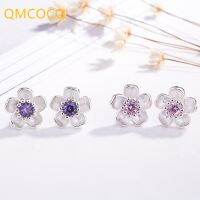 QMCOCO Silver Color Handmade Flower Crystal Stud Earrings For Women Multi-Color Charm Zircon Small Ear Hoops Jewelry