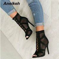 ☢ Aneikeh 2022 Fashion Basic Sandals Boots Women High Heels Pumps Sexy Hollow Out Mesh Lace-Up Cross-tied Boots Party Shoes 35-42