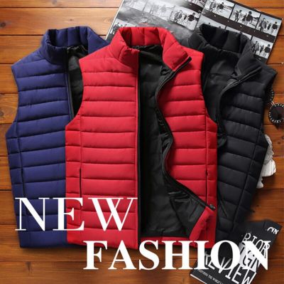 ZZOOI Mens Jacket Sleeveless Autumn and Winter Down Cotton Vest  Soild Color Stand-Up Collar Cardigan Korean Casual Mens Top