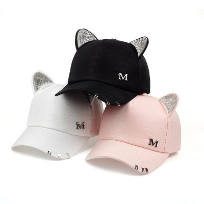 2018 New Meow Womens Summer Fall Black White Pink Hat Cat Ears Cat Baseball Cap with Rings and Lace Cute Girl Hat