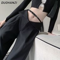 DUOHANZI กางเกงที่ถูพื้นลำลองเข้ารูปลำลอง,กางเกงขาม้าเอวสูง Cewek Seksi สีดำเข็มขัดออกแบบ