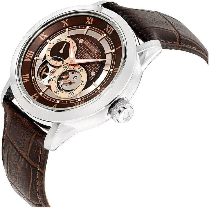 bulova-classic-automatic-mens-stainless-steel-with-leather-strap-silver-tone-silver-tone-brown-strap