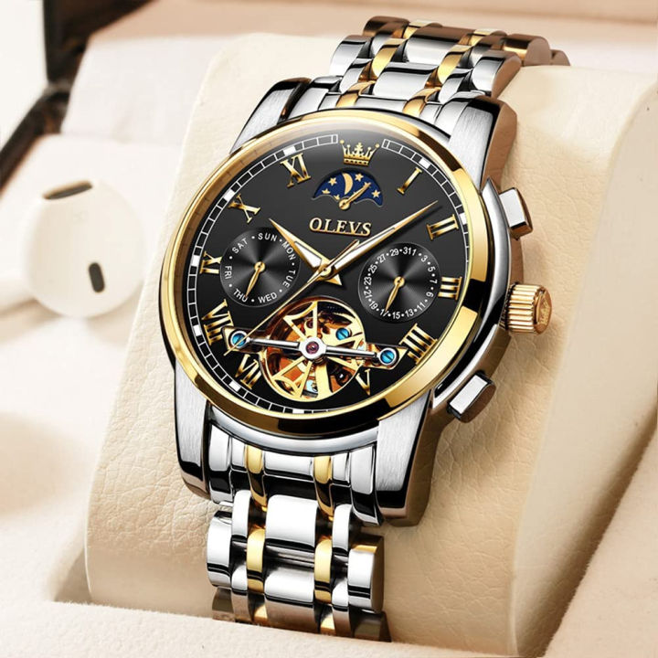 olevs-mens-watch-automatic-mechanical-tourbillon-self-winding-luxury-stainless-steel-waterproof-luminous-date-wrist-watch-white-strap-amp-black-face