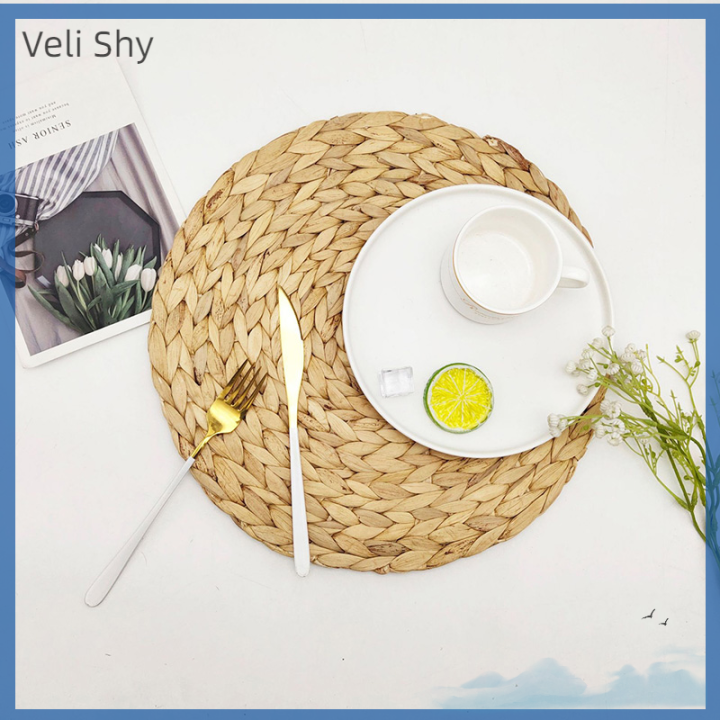 veli-shy-แผ่นรองถักทรงกลมพรมใยสังเคราะห์ผักตบชวาทำด้วยมือแผ่นรองจานธรรมชาติ