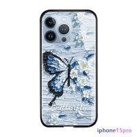 เคสมันวาวสำหรับ Apple iPhone 15 Plus 15 Pro 15 Pro Max,เคสมันวาวดีไซน์หรูหราภาพวาดสีน้ำมันลายผีเสื้อกระจกเทมเปอร์เคสฝาหลัง