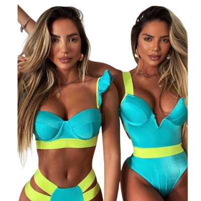 Sexy Patchwork Two Piece Swimwear Womens V-neck Crop Tank Tops with Hollowed Side High Waist Triangle Bottoms Bathing Suit