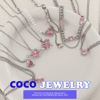 แฟชั่นสไตล์เกาหลีสีชมพูเพทายรักจี้สร้อยคอสำหรับผู้หญิง COCOJEWELRY