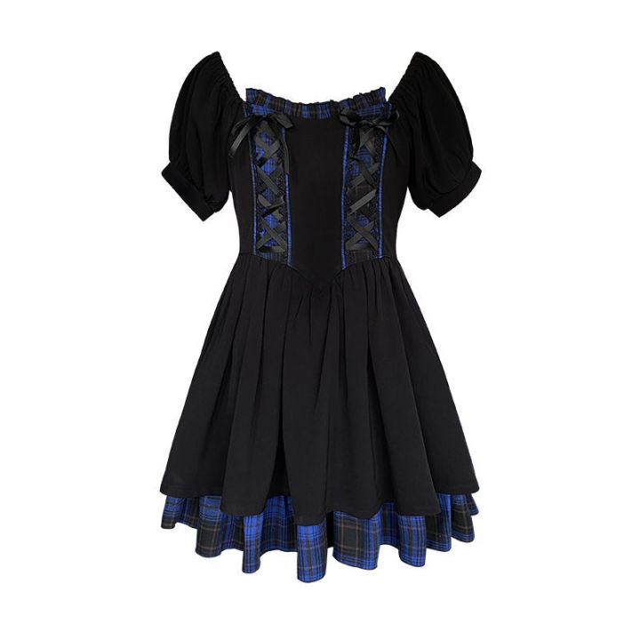 2021HOUZHOU Lolita Dress Kawaii Plaid Bandage Puff Sleeve Mini Dress Women Summer Gothic Black Sundress Japanese Patchwork Robe 2021