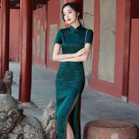 【CW】Dark Green Cheongsam Short Sleeve Improved Floral Vintage Dress Women Chinese Style Elegant Long Qipao S To XXL