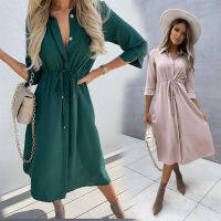 Autumn Elegant Long Skirt Middle Sleeve Female Belt Belt Single Breasted Solid Color Vestido Womens Korean Retro OL Dress Women