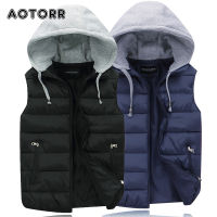 New Men Sleeveless Jacket Hooded Zipper Patchwork Coats Male Windbreak Warm Waistcoat Outwear Solid Color Down Vests Parka