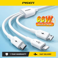 Pisen 3 In 1สาย USB 66W ไมโครชาร์จที่รวดเร็ว USB Type C ชาร์จเร็วสำหรับ Macbook Samsung Xiaomi iPhone 14 13 Pro Max