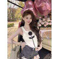 COD New Korean style niche cute sling chic three-dimensional flower sleeveless vest slim ice silk knitted T-shirt black and white knitted topPCS