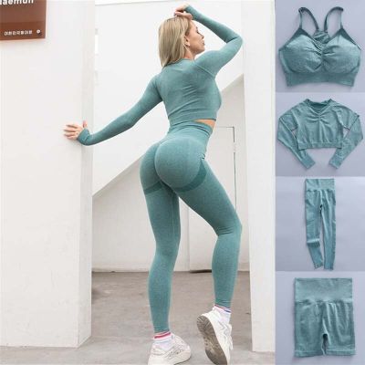 Seamless Yoga Set Women Workout Sportswear Gym Clothing Fitness Long Sleeve Crop Top Scrunch High Waist Leggings Bra Sport Suits
