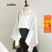 COD dhdfxcz Lovito Muslim Plain Button Long Balloon Sleeves Loose Blouse for Women L47ED087 (White)