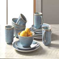 - Linette Blue Round Stoneware 16-Piece Dinnerware Set  For Home Dinner Set Dishes And Plates Sets