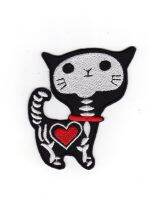 iron on patch Embroidery big crazy skeleton cat X ray 8x6 cm แมว โครงกระดูก ตัวรีด เย็บติดผ้าประเทศไทย โลโก้ปัก มีกาวสำหรับรีด ตกแต่งเสื้อผ้า