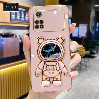AnDyH Phone Case For Xiaomi Poco X4 Pro 5G 6D Straight Edge PlatingQuicksand Astronauts space Bracket Soft Luxury High Quality New Protection Design