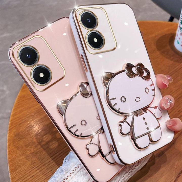 folding-makeup-mirror-phone-case-for-vivo-y02s-y16-y77-y77e-t1-case-fashion-cartoon-cute-cat-multifunctional-bracket-plating-tpu-soft-cover-casing