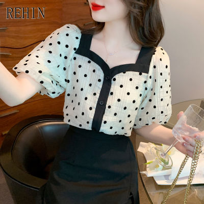 REHIN ผู้หญิงฤดูร้อนใหม่ภาษาฝรั่งเศสคำขนาดเล็ก V คอชีฟองแขนสั้นเสื้อ Bubble Sleeve Polka Dot Trend เสื้อ