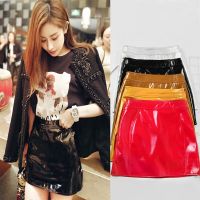 Autumn Metallic PU Leather Mini Skirt High Waist Slimming Hip Pack Zipper A-line Shine Short Leather Skirt Red Silver Green