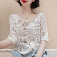 White Blouse Women Short Sleeve Hollow Knitted Shirt Korean Style Summer Fashion Casual Drawstring Top