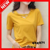 qkq971 Oversized Plain V-Neck Short Sleeve T-Shirt Korean Womens Casual Loose Tops 2022 Summer Fashion Slim Fit Clothes for Chubby Girls