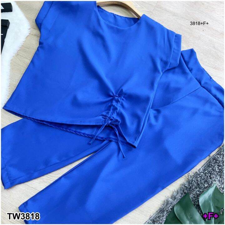 tw3818-set-2-ชิ้น-เสื้อแต่งผูกที่ปลายเสื้อ-กางเกงขาห้าส่วน