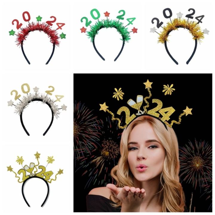 MINFEN Tinsel 2024 Happy New Year Headband Letter Sequin Tinsel Crown