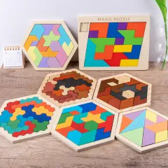 Wooden Blocks Puzzle Brain Teasers Toy，Wooden Puzzle Tangram,Cube 3D Puzzle  for Kids，Puzzles for Kids Ages 2-8, Montessori Kids Educational Puzzle