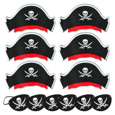 【cw】12Pcs Pirate Captain Hat Skull Print Eye Patch Children Halloween Party Cosplay Costume Cap Decoration Props Kids Birthday