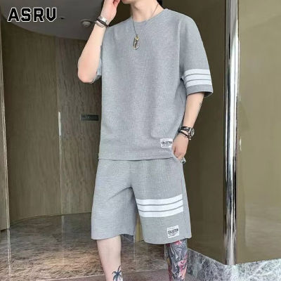 ASRV เสื้อยืดผู้ชาย เสื้อผ้าผู้ชาย t shirt for men ชุดสูทเสื้อยืดกางเกงขาสั้นแขนสั้นสำหรับผู้ชายชุดสูทแบบหลวมลำลองบางเสื้อยืดลายทางสีทึบ